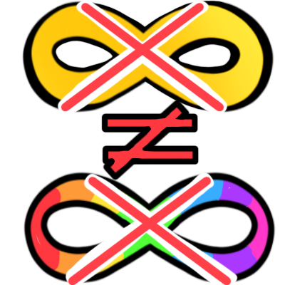 a crossed out gold infinity sign above a red 'does not equal' sign above a rainbow infinity sign.